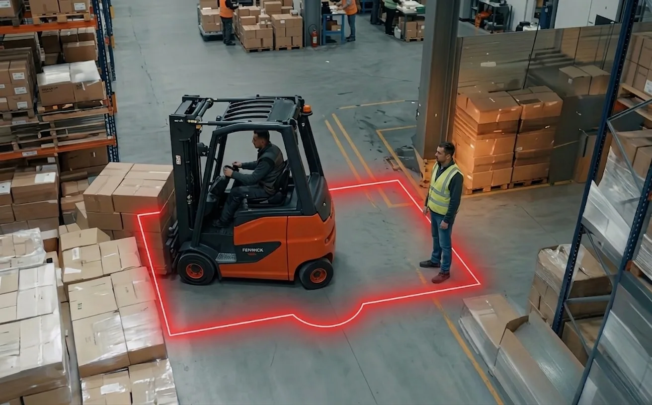 Détection de proximité homme-machine en entrepôt : le chariot élévateur est encadré en rouge, l'opérateur au sol en gilet jaune est signalé comme non attentif